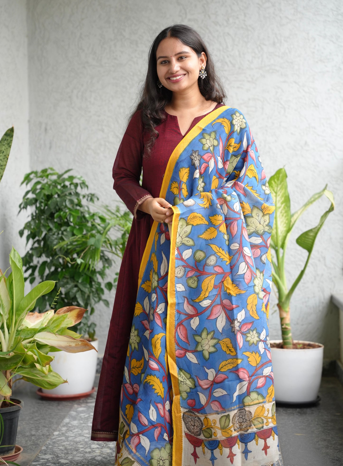 Blue Pen Kalamkari Mangalagiri silk Dupatta