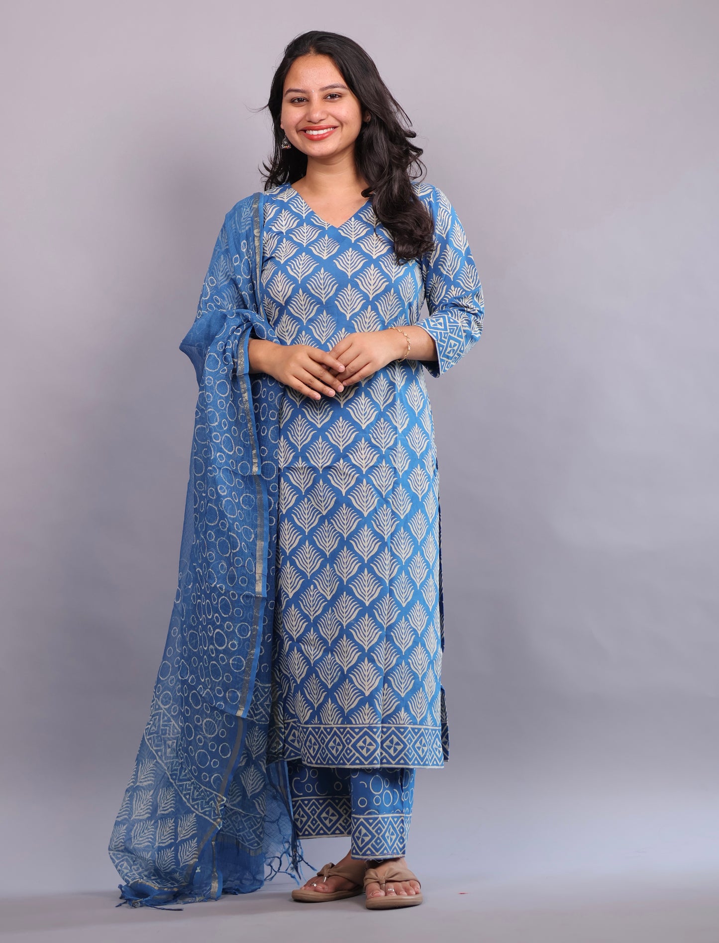 Blue Handblock printed Pure Mul Cotton with Mul Cotton Duppata 3 piece suit (stitched)