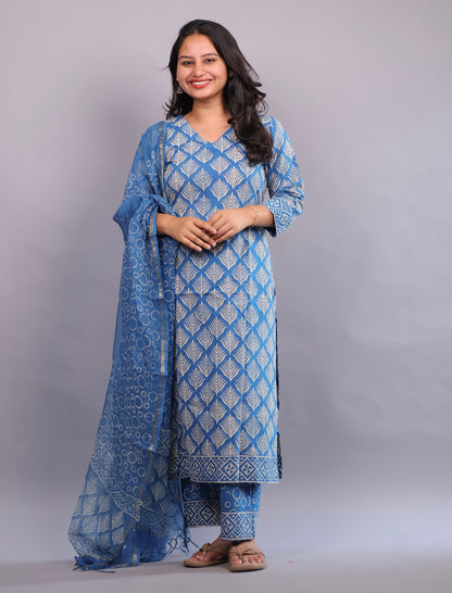 Blue Handblock printed Pure Mul Cotton with Mul Cotton Duppata 3 piece suit (stitched)