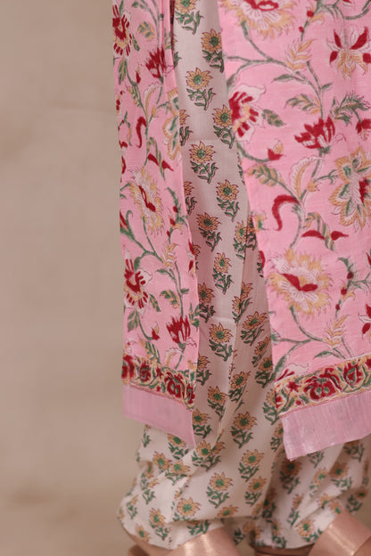 Baby Pink Linen Cotton Handblock printed 3 piece suit (stitched)