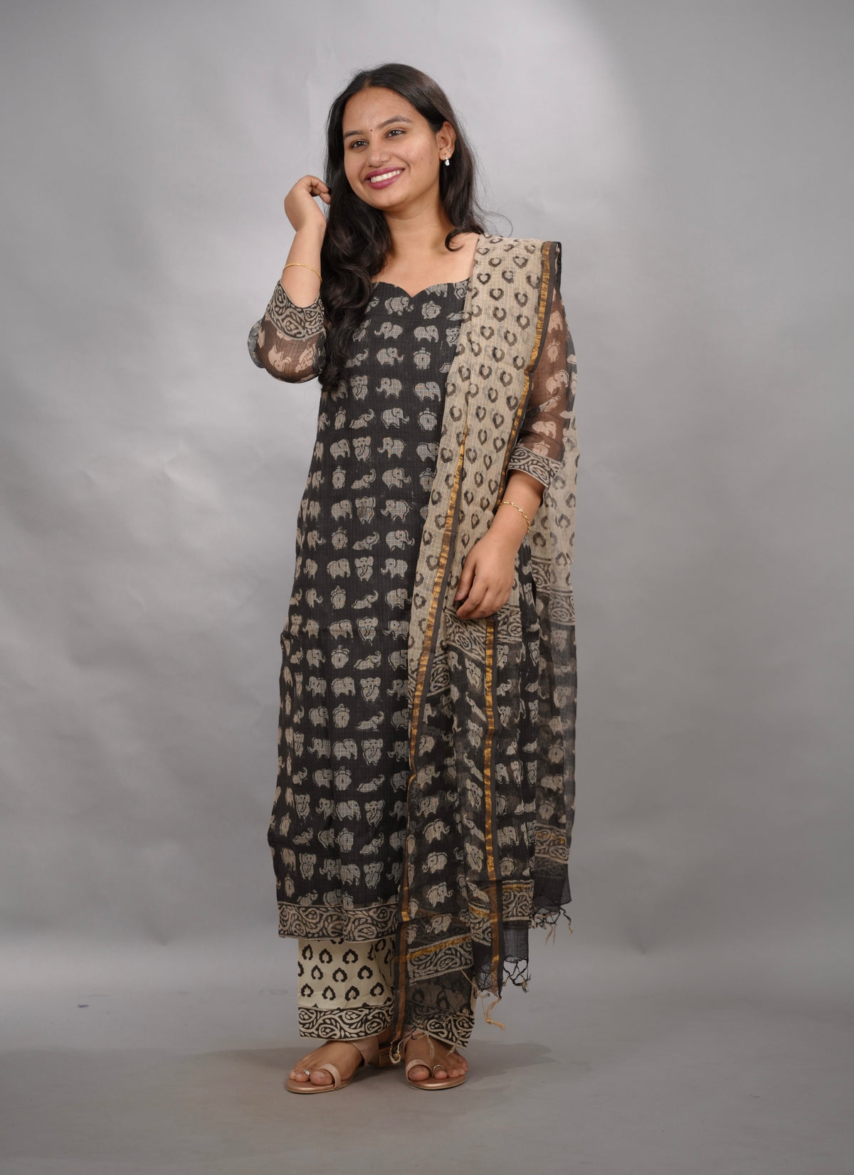 Black Handblock printed kota 3 piece suit (stitched) | Looms & Tassels