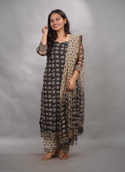 Black Handblock printed kota 3 piece suit (stitched) | Looms & Tassels