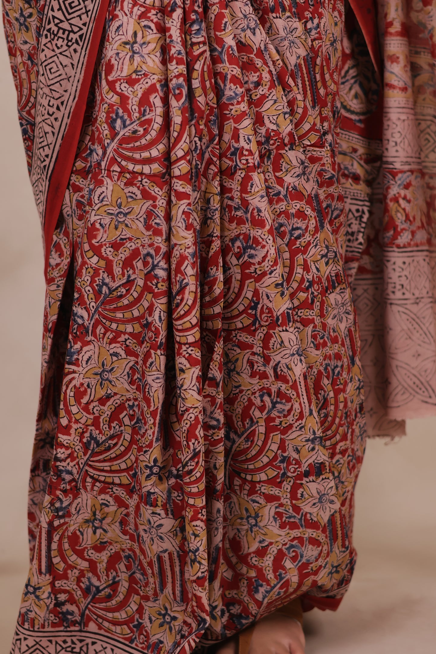 Red Hand Block Printed Kalamkari Cotton Saree | Looms & Tassels