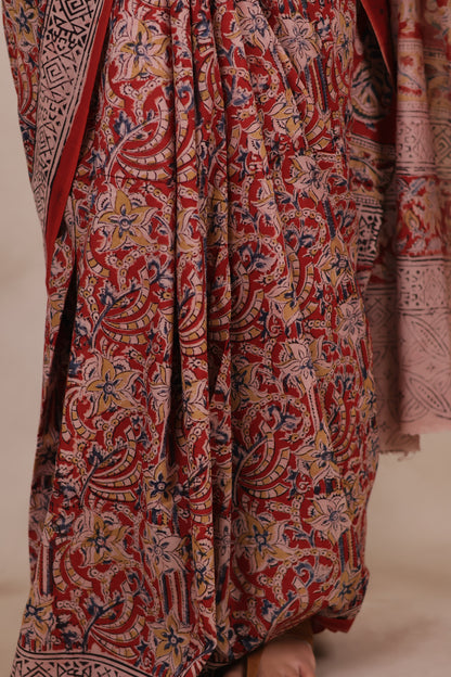 Red Hand Block Printed Kalamkari Cotton Saree | Looms & Tassels