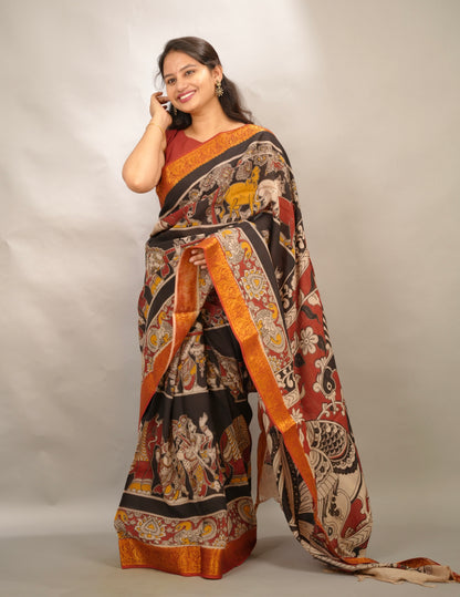 Black Kanchi border Kalamkari chennur silk saree | Looms & Tassels