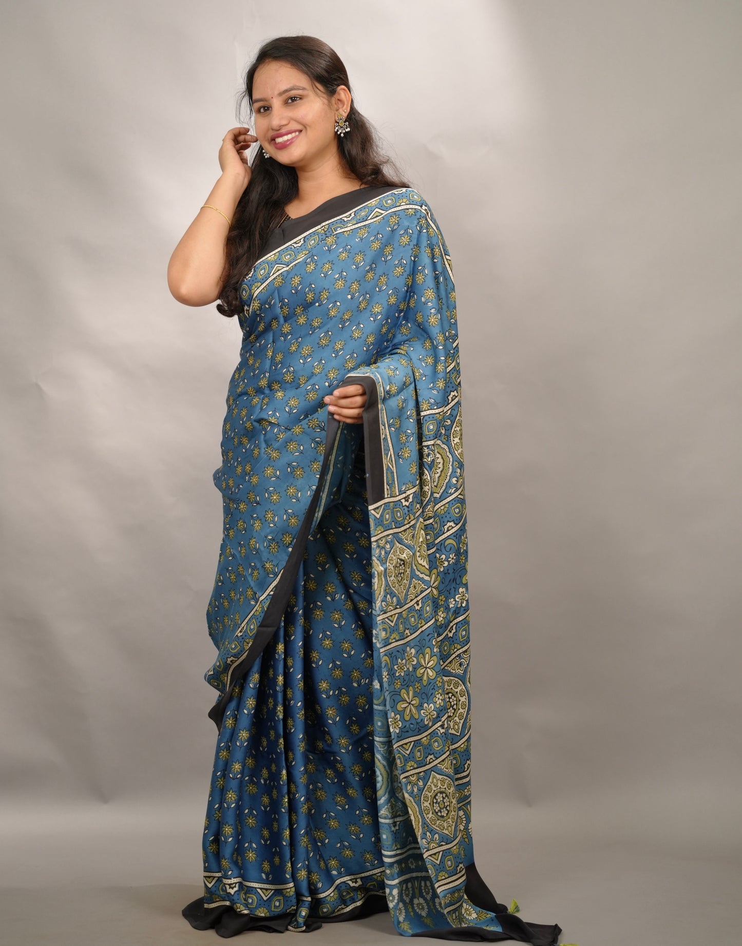 Blue Authentic Ajrakh Handblock Printed Modal Silk Saree | Looms & Tassels