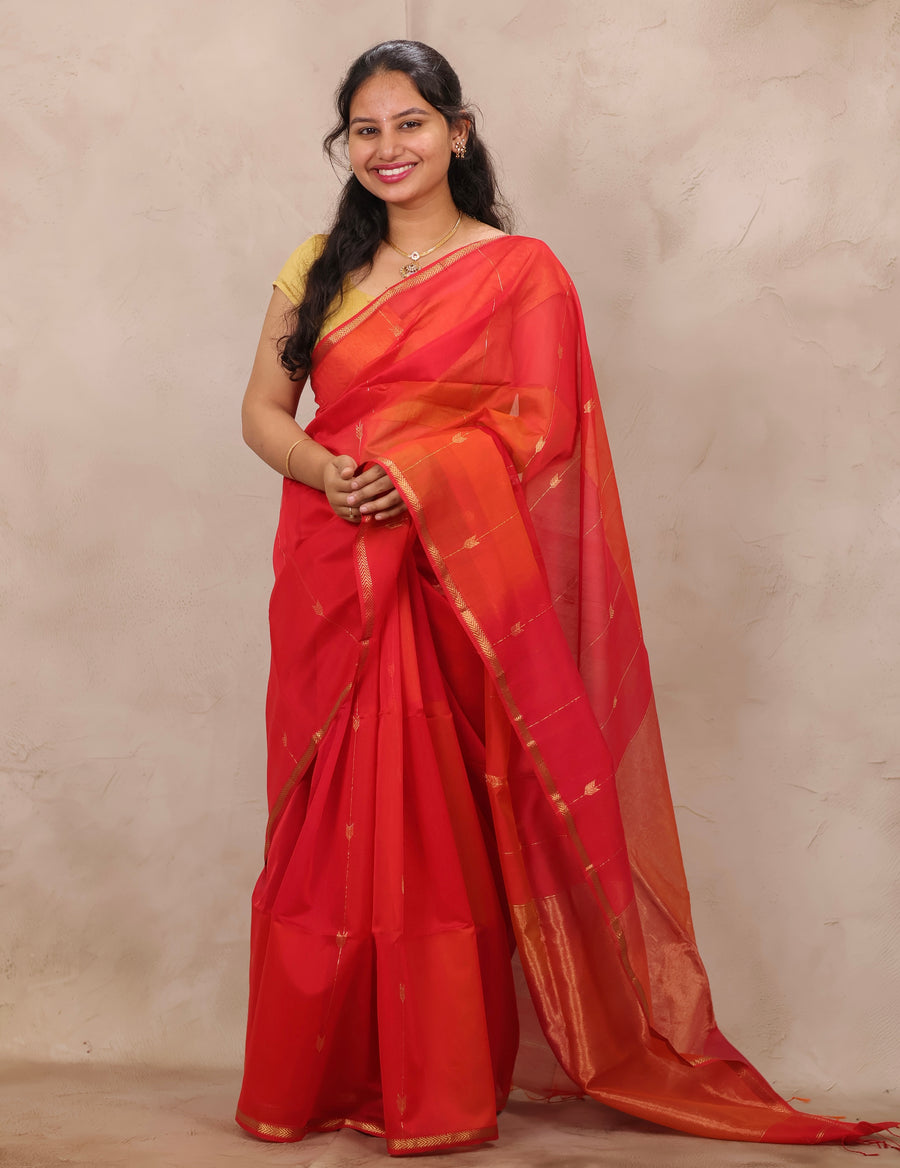 Orange Handloom Maheswari Silk Cotton Sarees | Looms & Tassels