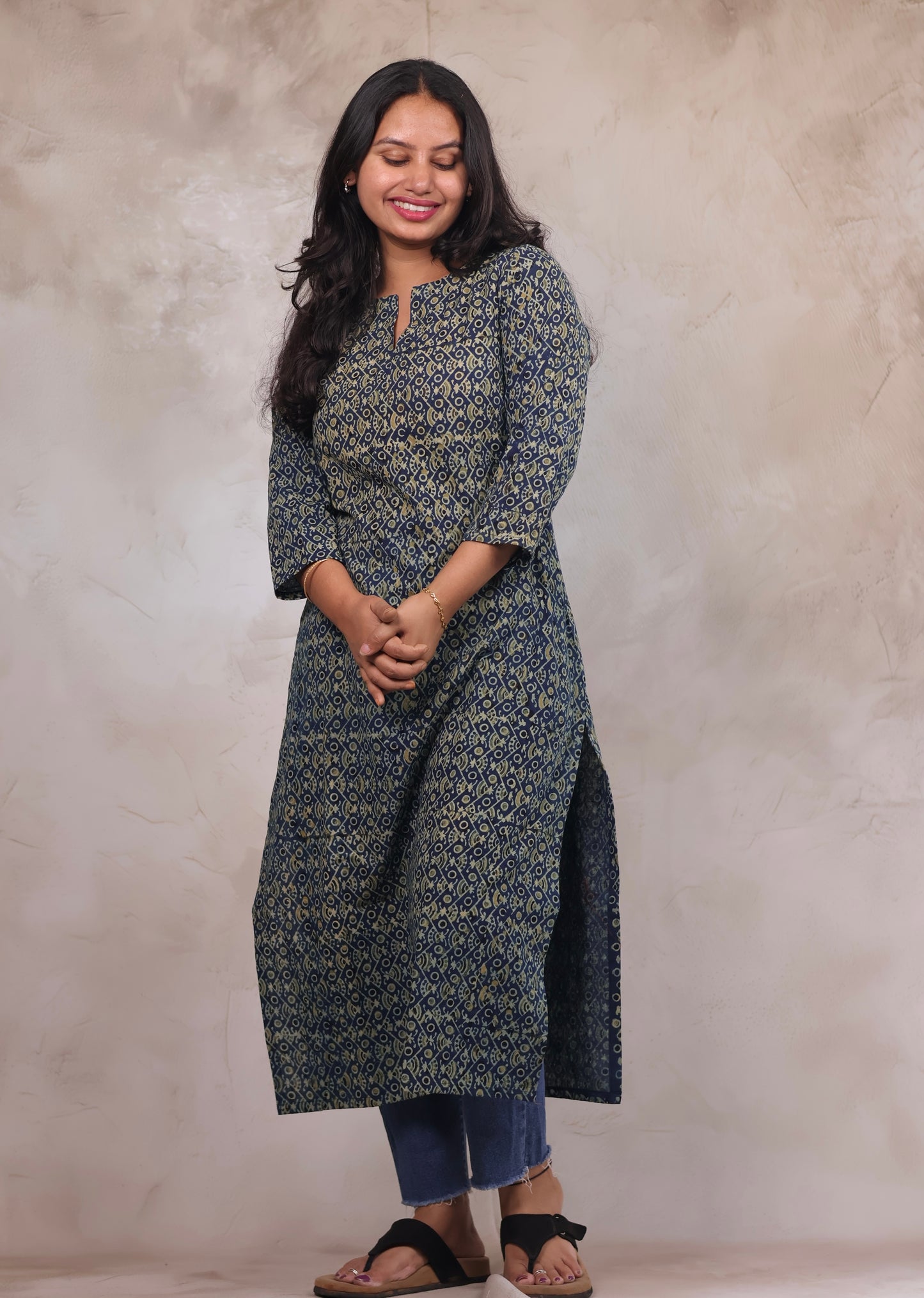 Indigo Ajrakh Hand Block Printed Kurti | Looms & Tassels