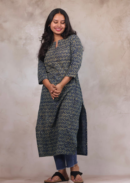 Indigo Ajrakh Hand Block Printed Kurti | Looms & Tassels