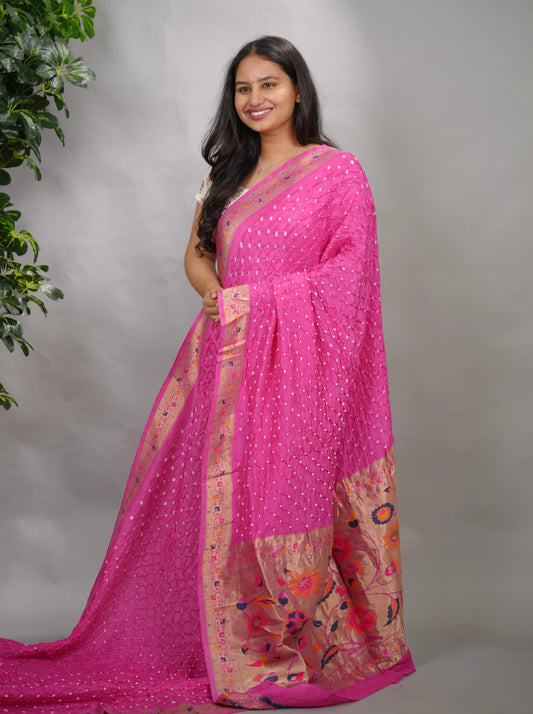 Pink Handcrafted Bandhani Paithani Dola Silk Saree | Looms & Tassels