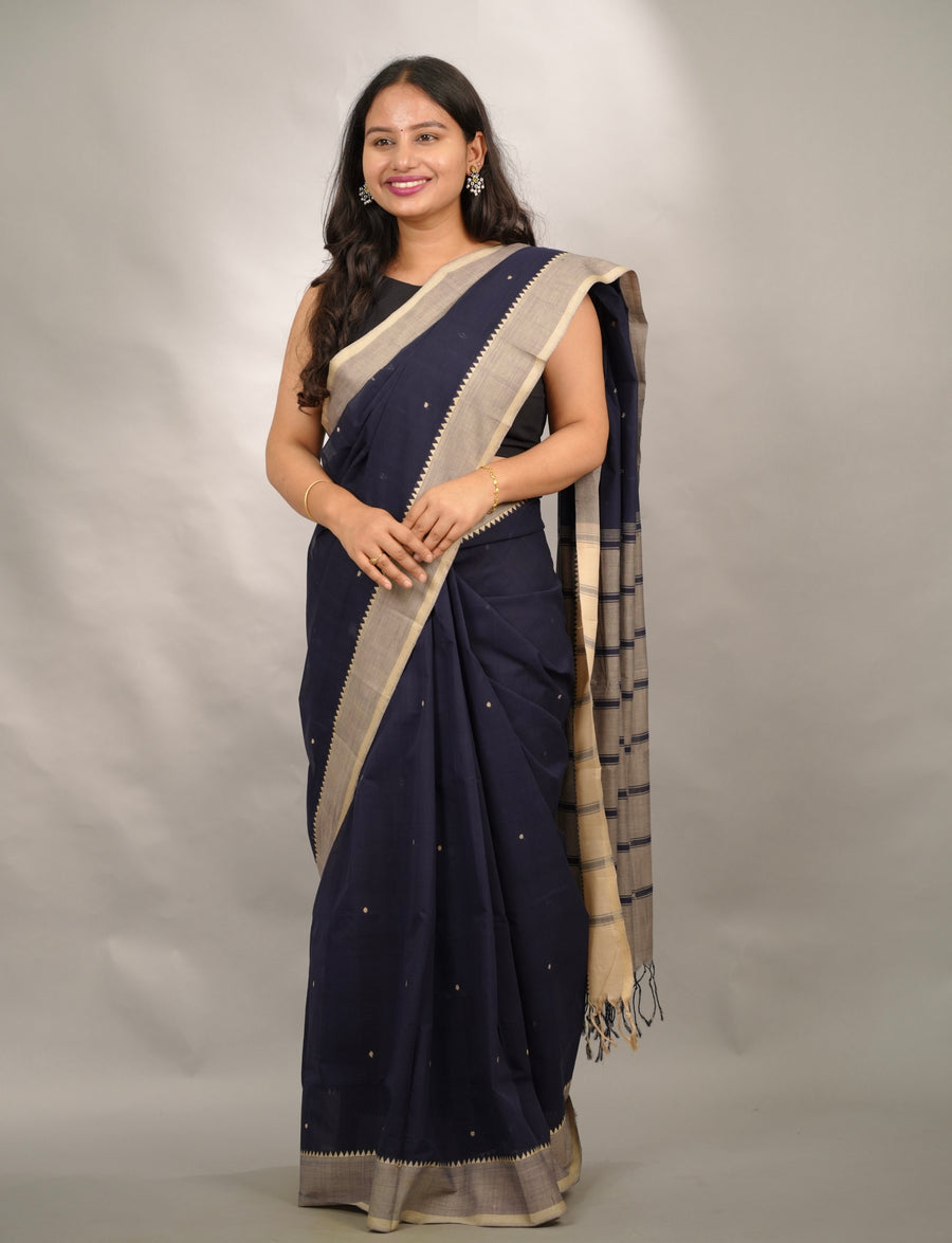 Dark Blue handloom venkatagiri cotton saree Without Blouse | Looms & Tassels