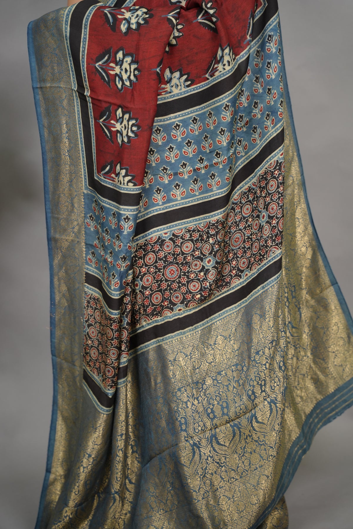 Ajrakh Dola Silk Saree - Brick Red | Looms & Tassels