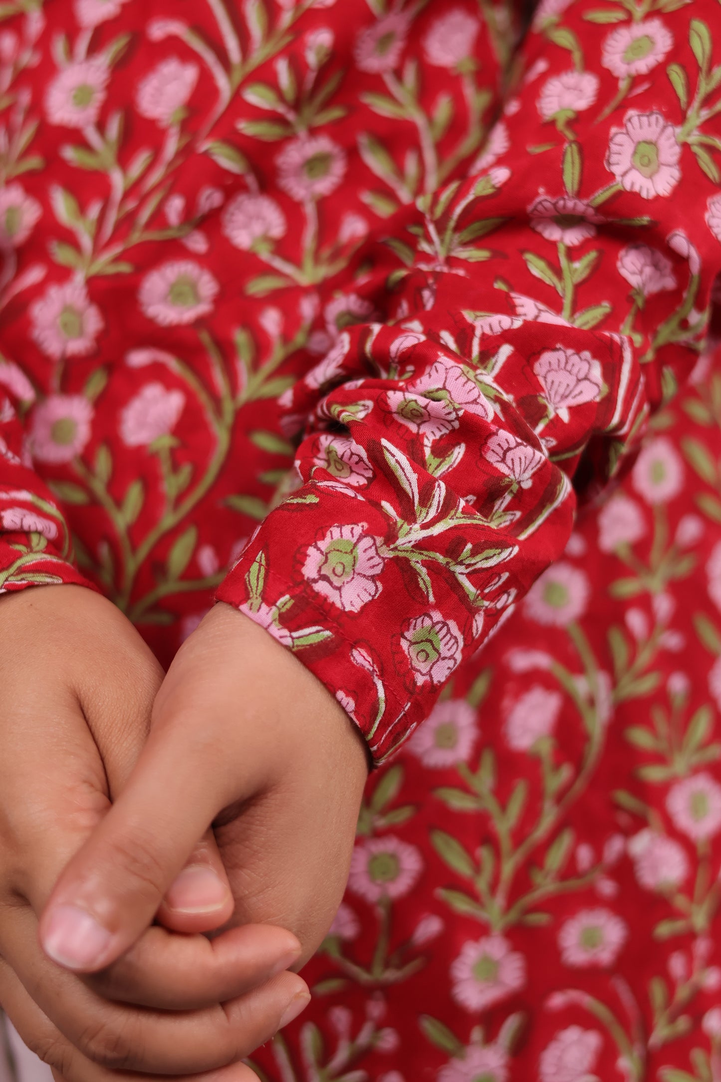 Red Floral Handblock printed Pure Mul Cotton with Mul Cotton Duppata 3 piece suit In Chudi Sleeves (stitched)