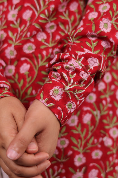 Red Floral Handblock printed Pure Mul Cotton with Mul Cotton Duppata 3 piece suit In Chudi Sleeves (stitched)