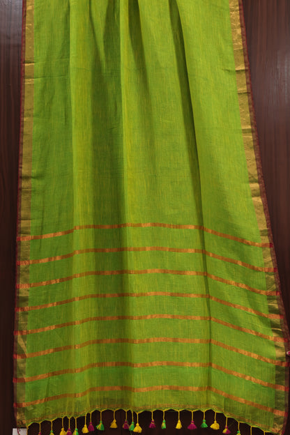 Parrot Green Pure Handwoven Linen Saree