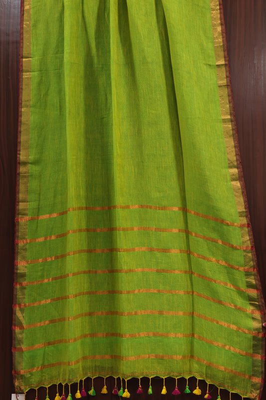 Parrot Green Pure Handwoven Linen Saree