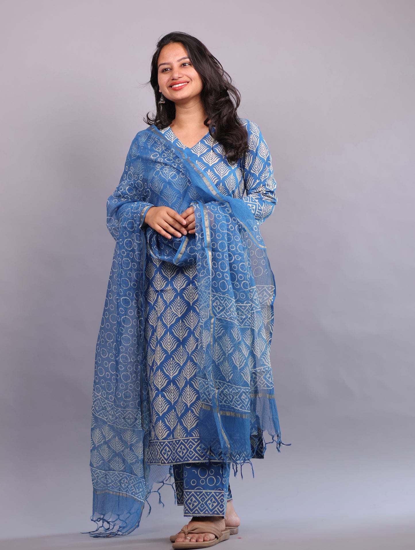 Blue Handblock printed Pure Mul Cotton with Mul Cotton Duppata 3 piece suit (stitched)