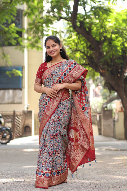 Ajrakh Dola Silk Saree