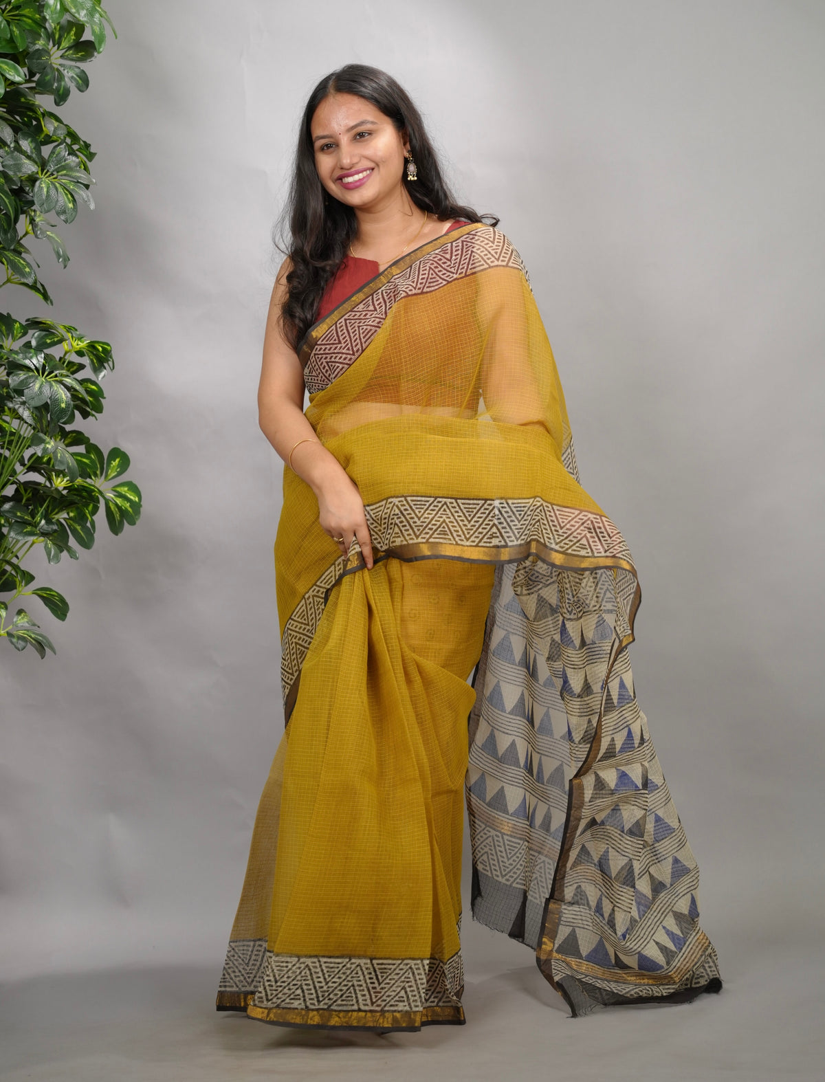 Mustard Pure Kota Doria Saree with Bagru Handblock Prints
