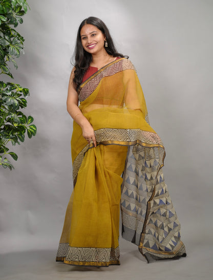 Mustard Pure Kota Doria Saree with Bagru Handblock Prints