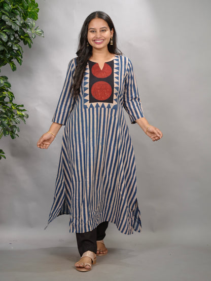 Blue Ajrakh Pattern Hand Block printed Aline Kurti | Looms & Tassels