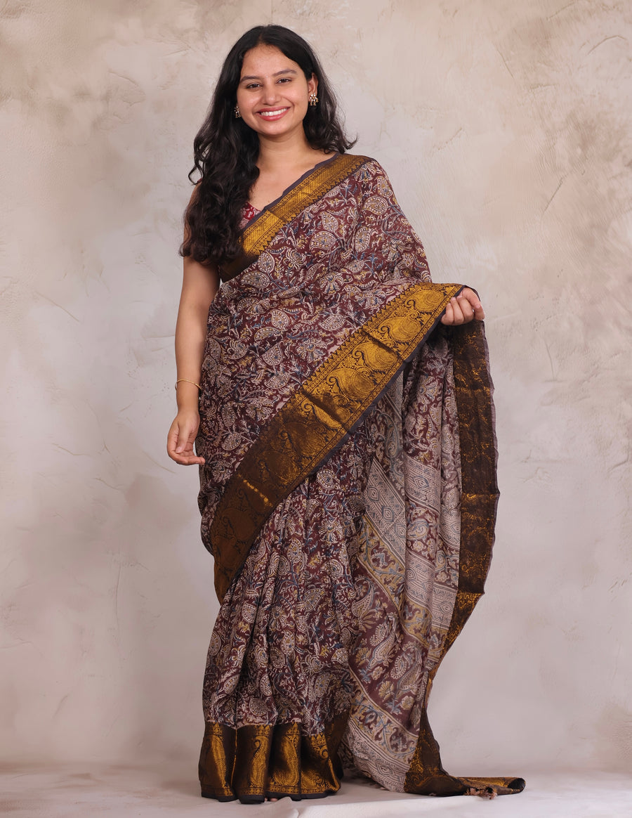 Brown Hand Block Printed Kalamkari Kanchi Border Chennur Silk Saree | Looms & Tassels