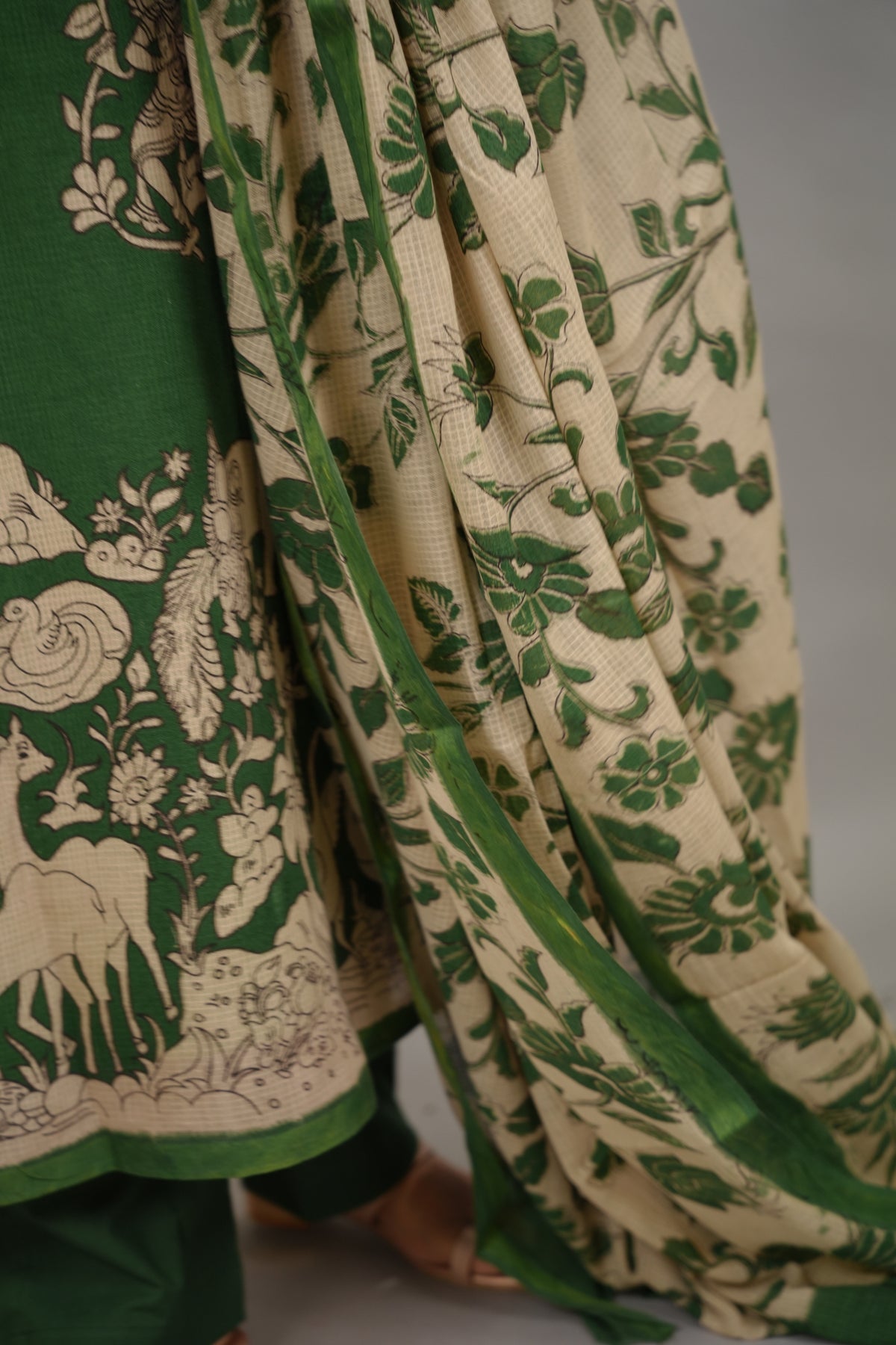 Green Kalamkari Kota Cotton 3 piece suit (stitched) | Looms & Tassels