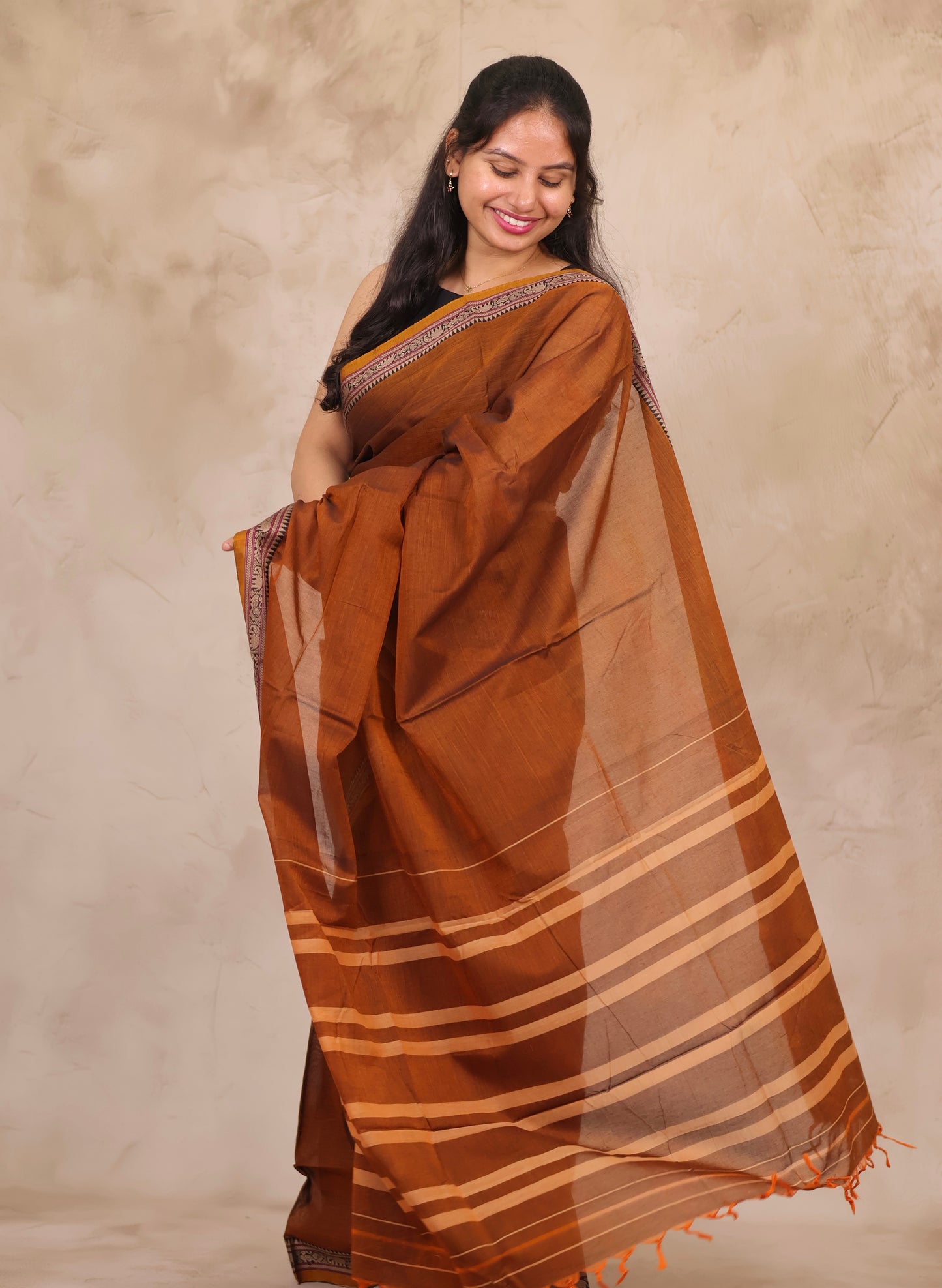 Mustard Narayanpet Cotton Saree | Looms & Tassels
