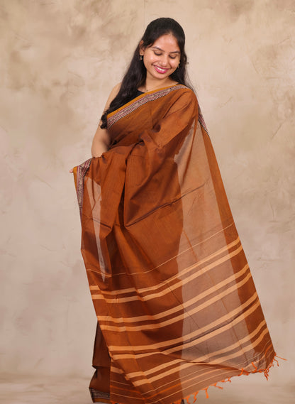 Mustard Narayanpet Cotton Saree | Looms & Tassels