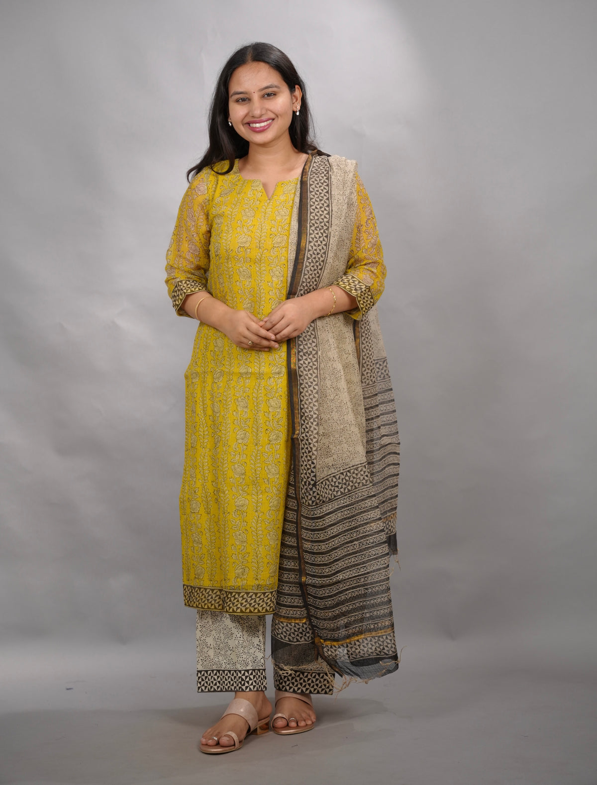 Yellow Handblock printed kota 3 piece suit (stitched)| Looms & Tassels