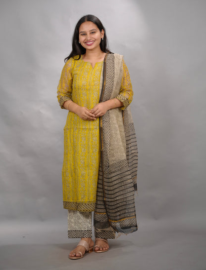 Yellow Handblock printed kota 3 piece suit (stitched)| Looms & Tassels