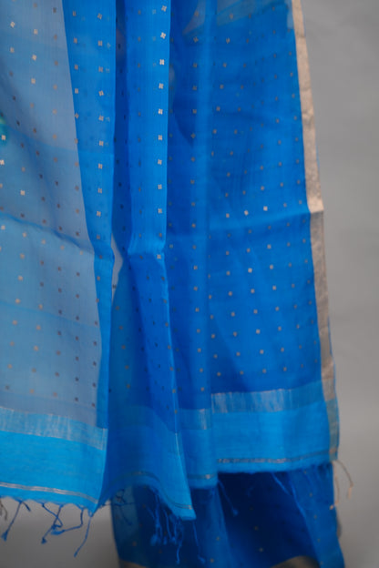 Blue Handwoven Muslin Silk Saree With Sequence Work | Looms & Tassels