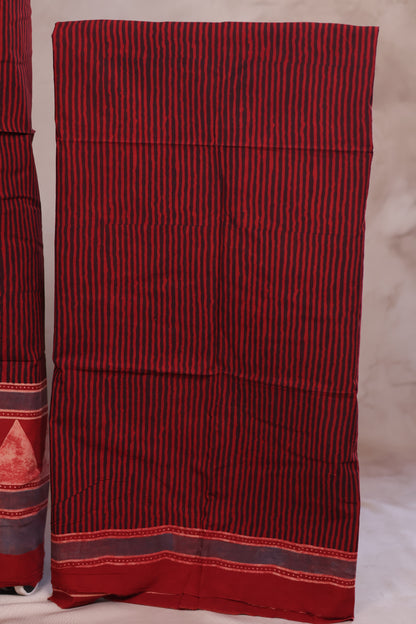 Maroon Stripes Ajrakh Handblock Printed Pure Cotton 2 Piece Suit Set | Looms & Tassels