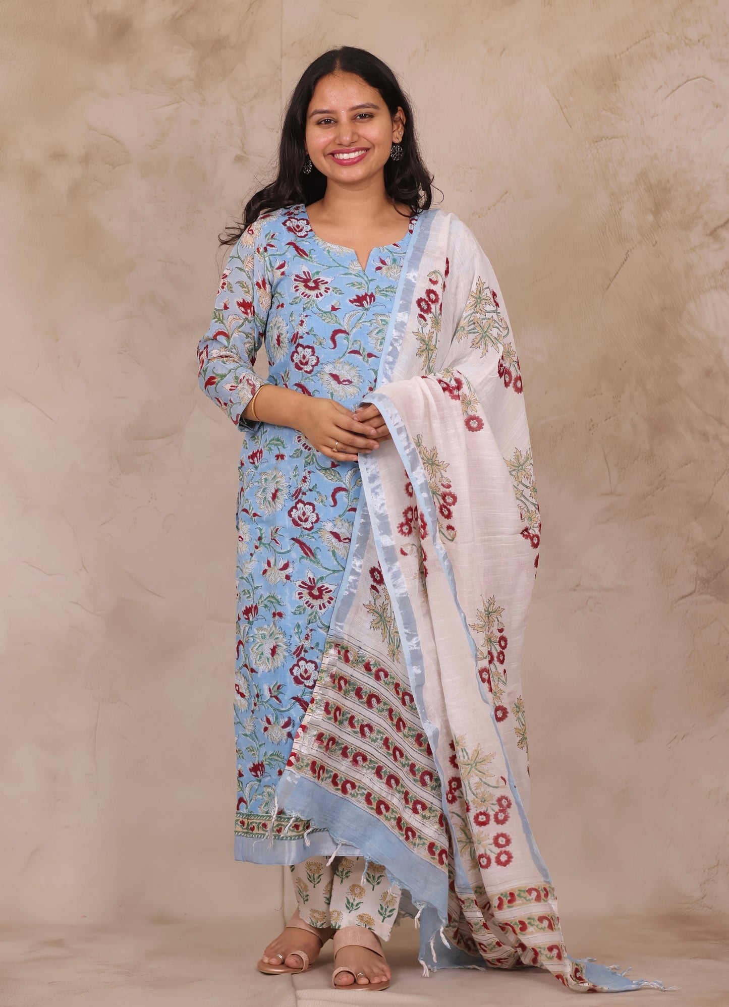 Sky Blue Linen Cotton Handblock printed 3 piece suit (stitched)