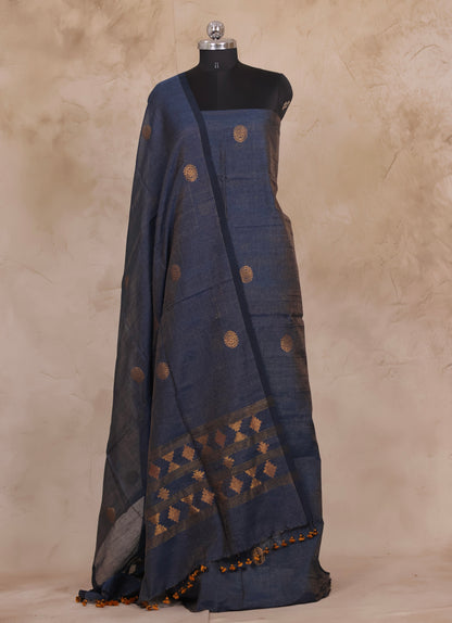 Grey Handwoven Jamdhani weaving Tissue Linen 2 piece suit sets | Looms & Tassels