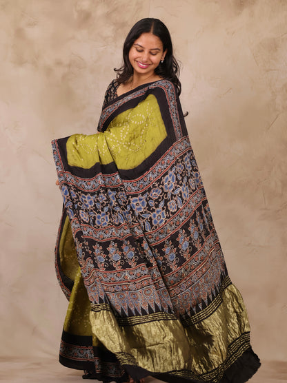 Lemon Green Hand Knotted Bandhej Arakh Modal Silk Saree with Lagdi Pallu | Looms & Tassels