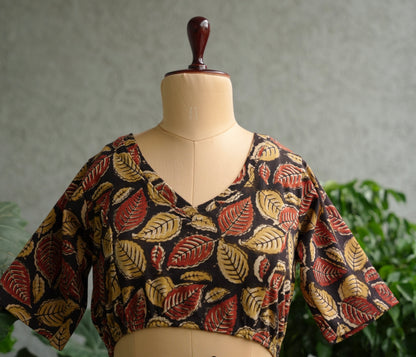 Black V Neck Stretchable Hand block printed kalamkari blouse