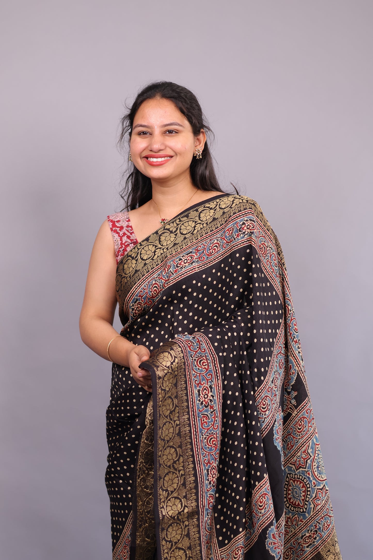 Black Polka Dots Ajrakh Handblock printed Dola Silk Saree | Looms & Tassels