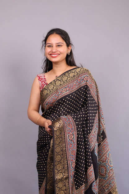 Black Polka Dots Ajrakh Handblock printed Dola Silk Saree | Looms & Tassels