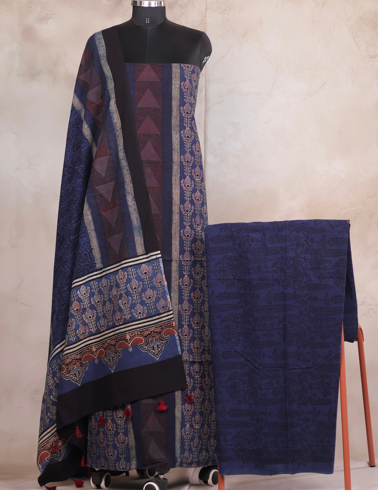 Indigo Ajrakh Handblock Printed Pure Cotton 3 piece suit set | Looms & Tassels
