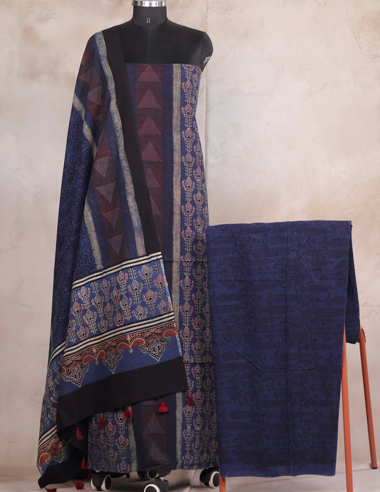 Indigo Ajrakh Handblock Printed Pure Cotton 3 piece suit set | Looms & Tassels