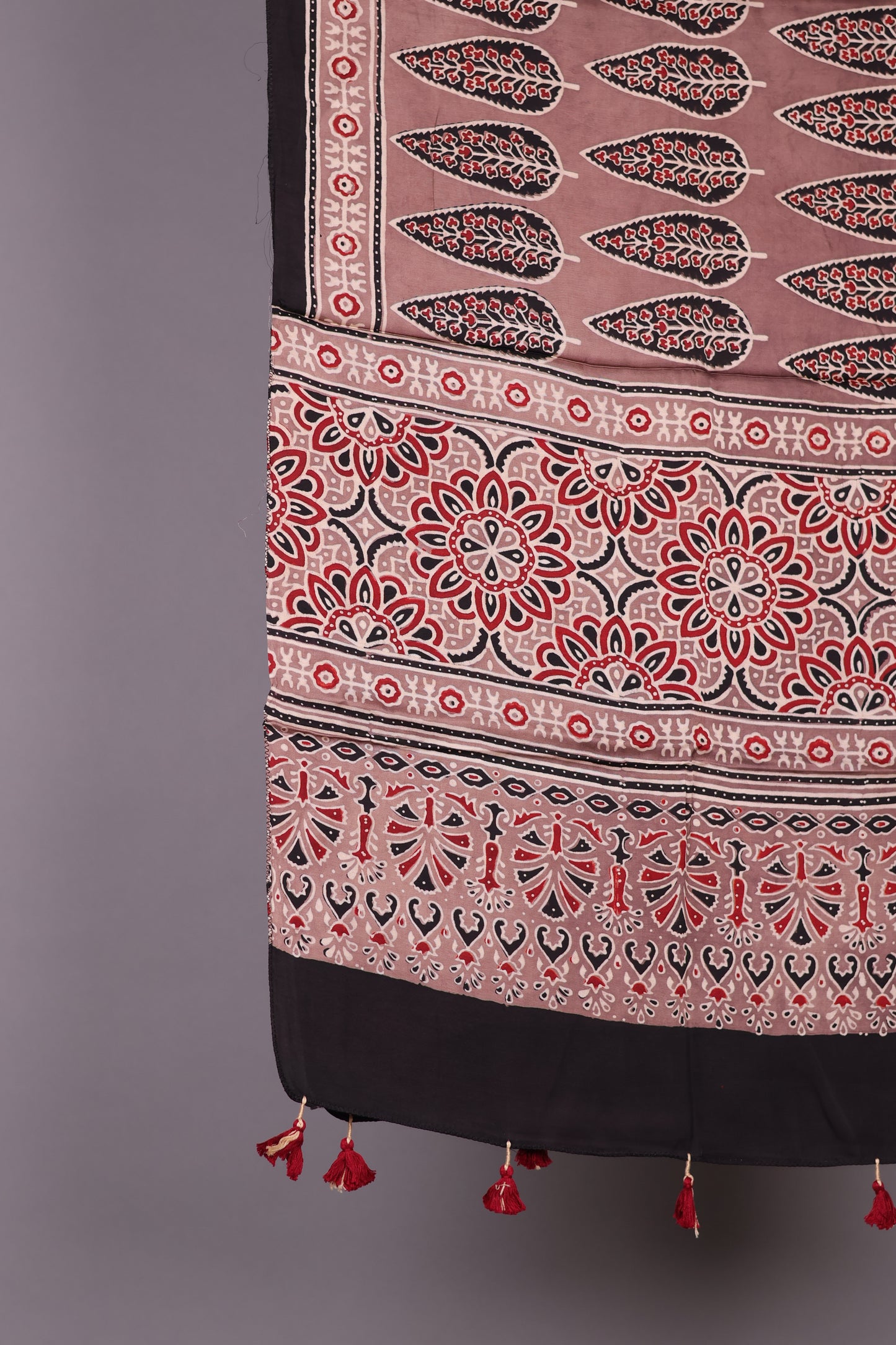 Ajrakh Hand Block Printed Modal Silk Stole | Looms & Tassels