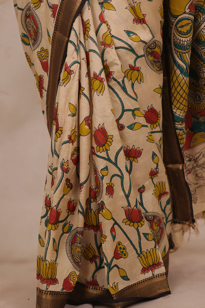 Cream Lotus Kalamkari Nizam Border Chennur Silk Saree | Looms & Tassels