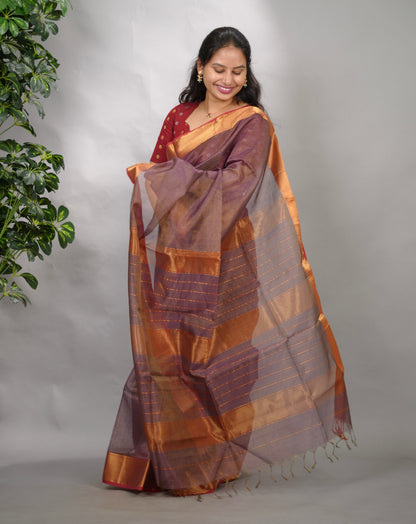Lavender Checks Handloom Maheswari Tissue Silk Cotton Sarees | Looms & Tassels
