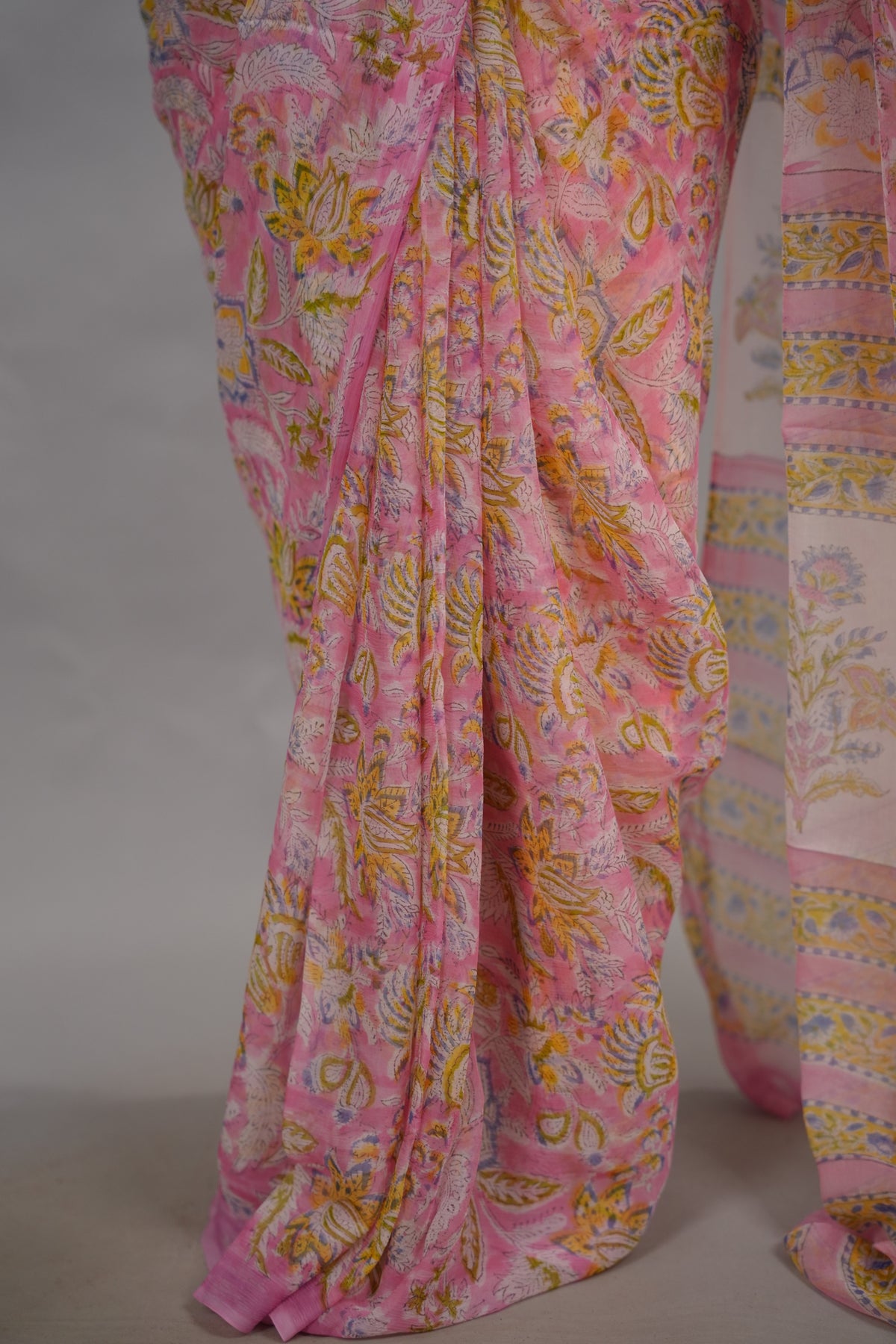 Pastel Pink Chiffon Hand Block Printed Saree | Looms & Tassels