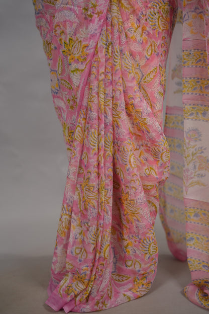 Pastel Pink Chiffon Hand Block Printed Saree | Looms & Tassels