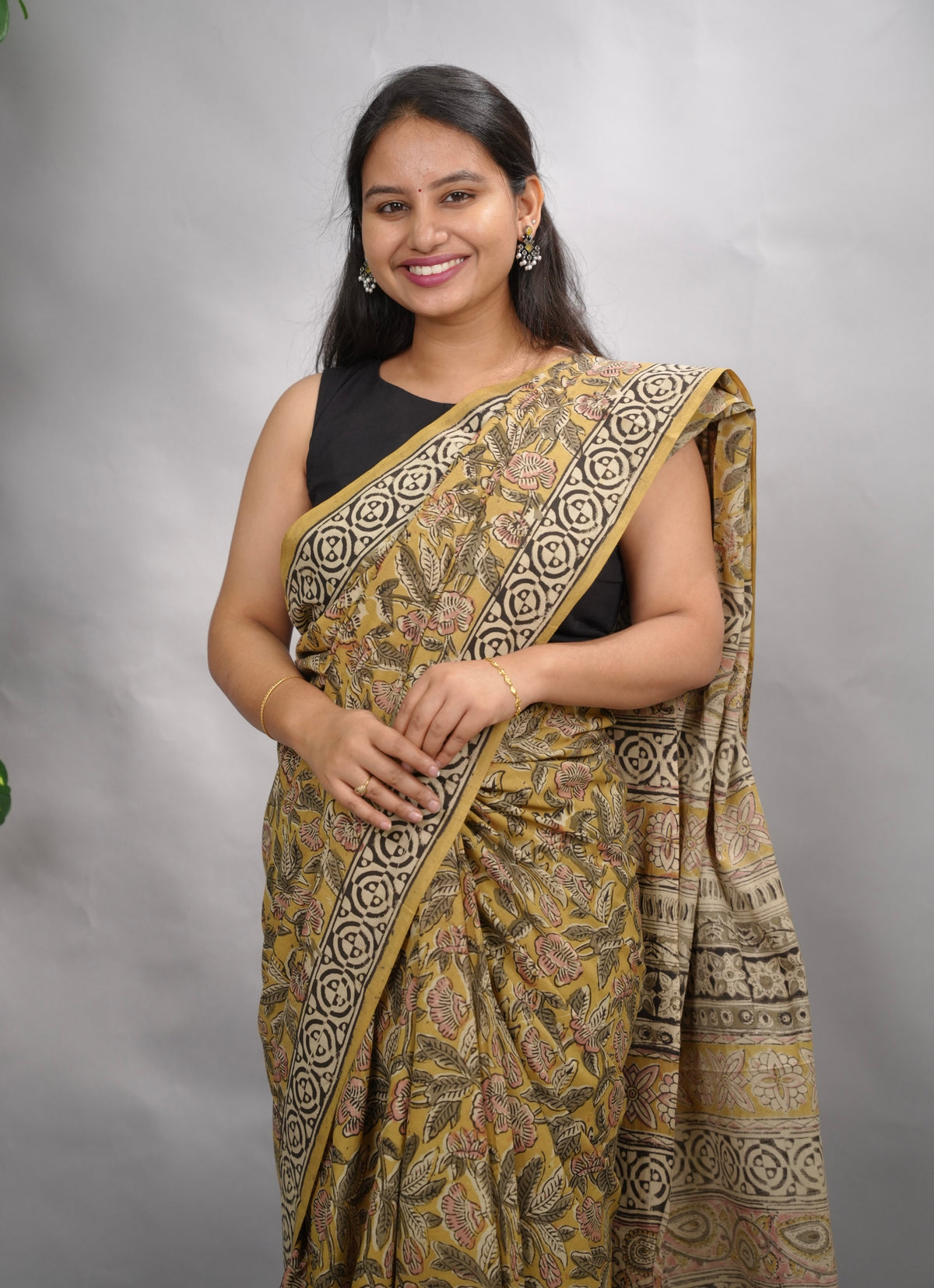 Mustard Hand Block Printed Kalamkari Cotton Saree | Looms & Tassels