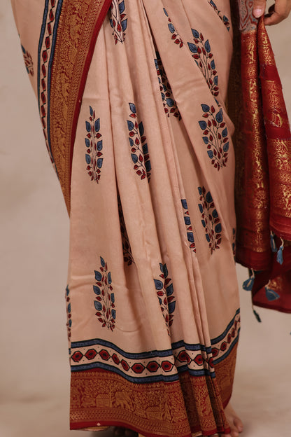 Ajrakh Handblock printed Dola Silk Saree | Looms & Tassels