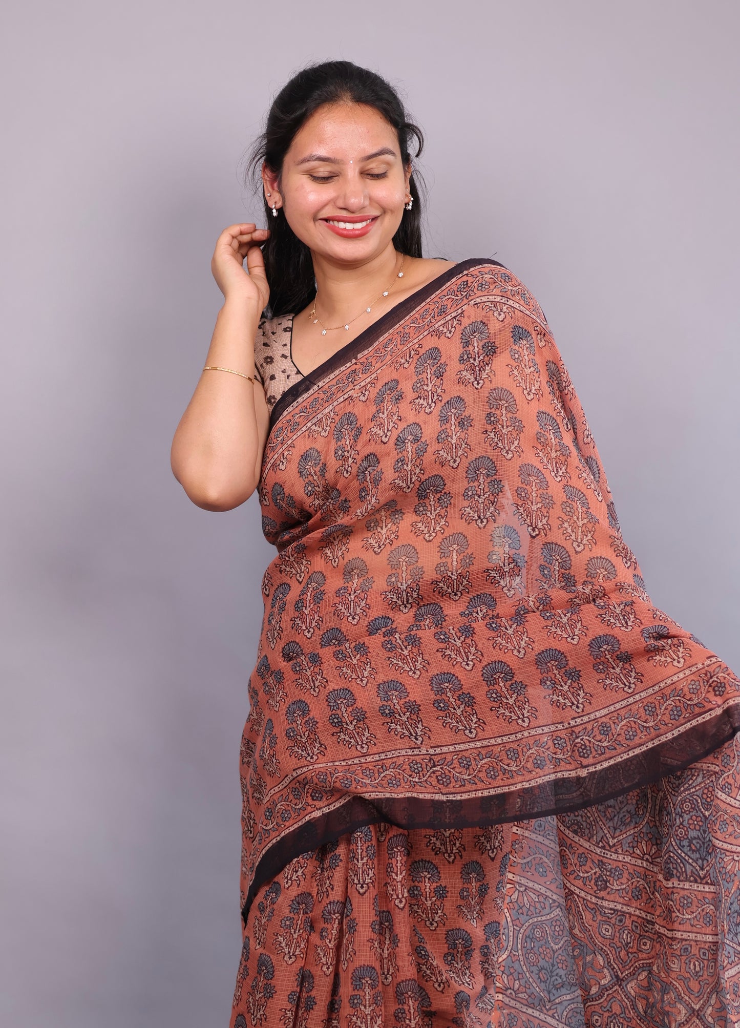 Rust Orange Ajrakh Hand Block Printed Kota Doria Saree | Looms & Tassels