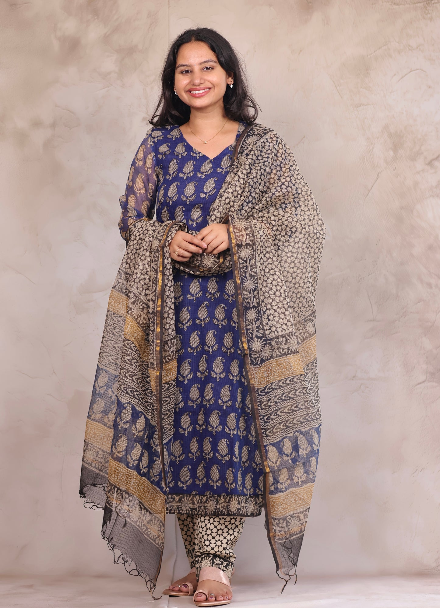 Blue Bagru Handblock printed kota 3 piece suit (stitched)